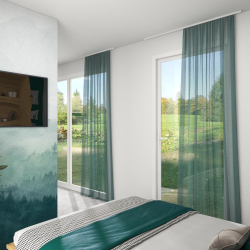 Spalni del ob velikih steklenih površinah