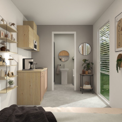 Kompaktna kuhinja z lesenimi elementi